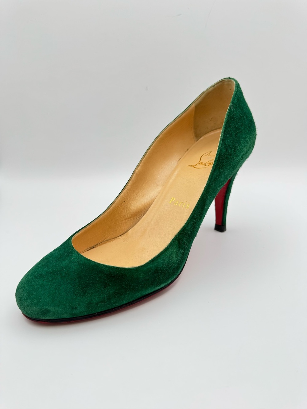 Christian Louboutin Green Suede Pumps Red Sole Heels EU 37 Emerald Green